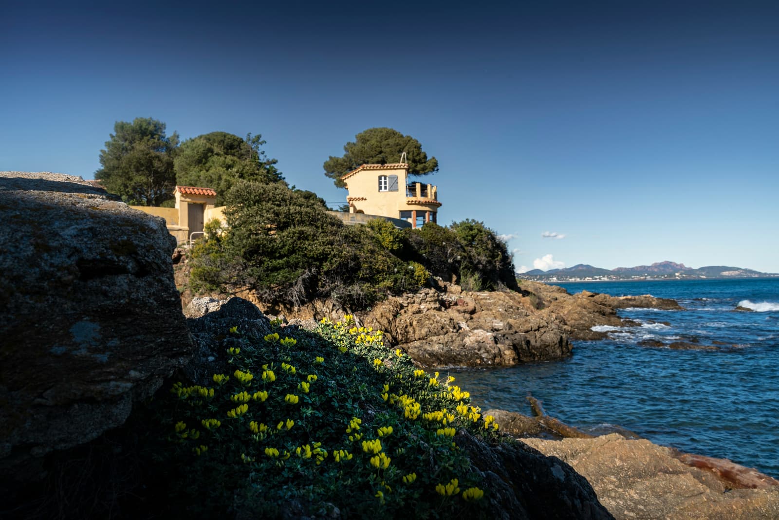 Villa under umbrella pines on the rocky shore of Saint-Aygulf